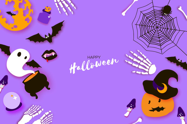 快乐的万圣节派对。南瓜，蝙蝠，骨头，鬼魂的神秘之夜。不给糖就捣蛋。方形框架。空间的文本。纸工艺艺术图片下载