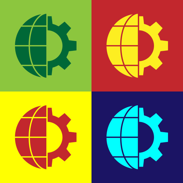波普艺术地球仪、地球和齿轮或齿轮图标图片下载