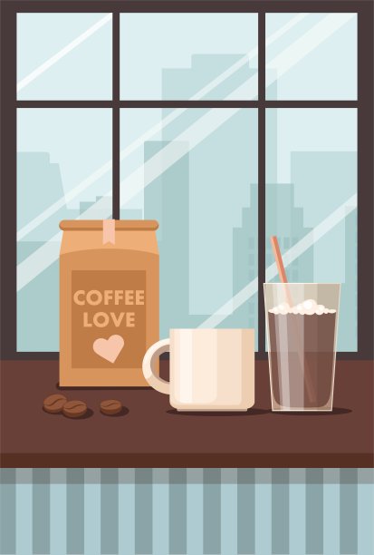 咖啡馆里面。杯子，马克杯和咖啡豆都在包装里。图片下载