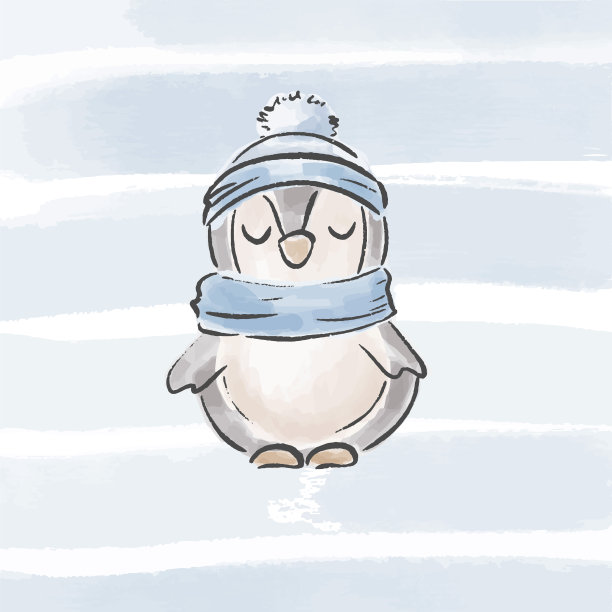 戴着帽子和围巾的可爱企鹅。儿童插图。图片下载