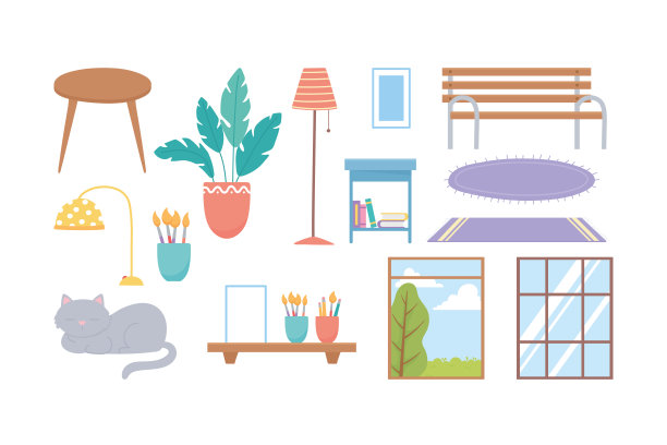 猫窗户长凳植物灯地毯装饰图标图片下载