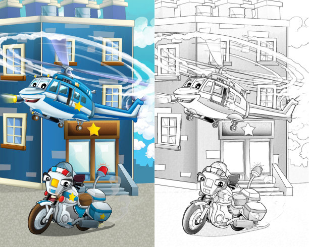 卡通素描，快乐有趣的警车和直升机-插图图片下载
