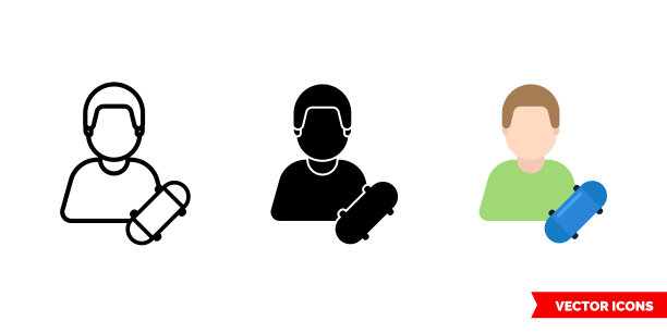 3种类型的滑板图标，颜色，黑白，轮廓。孤立向量符号符号图片下载