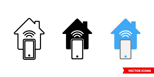 智能房子三种类型的图标，颜色，黑白，轮廓。孤立向量符号符号图片下载