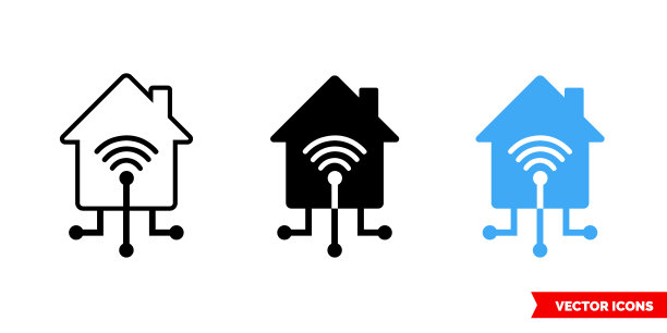 智能房子三种类型的图标，颜色，黑白，轮廓。孤立向量符号符号图片下载