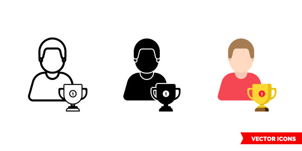3种颜色类型的冠军奖励图标：黑色和白色、轮廓，隔离的矢量符号图片下载