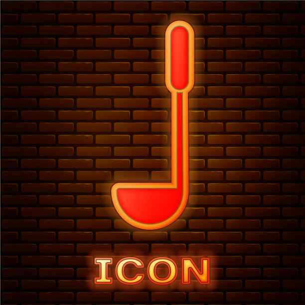 发光的霓虹灯厨房勺图标孤立在砖上图片下载