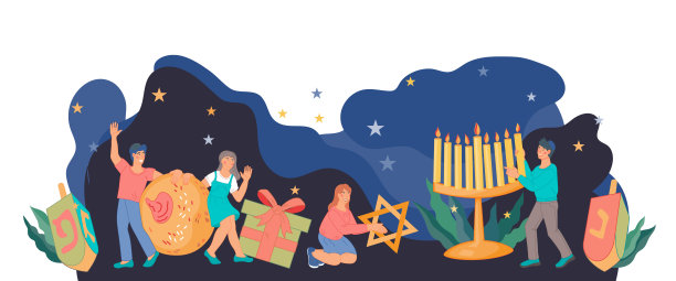 节日横幅与可爱的孩子庆祝光明节，平面矢量插图。图片下载