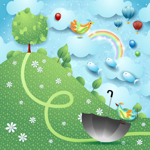 有山、树、伞和飞鱼的梦幻景观图片下载