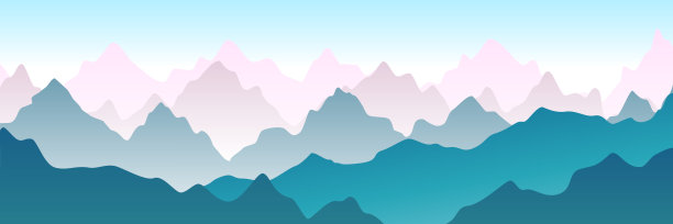 幻想的主题是早晨的风景，日出在山上，全景。矢量插图美丽的蓝色，绿色的山景观与雾。夕阳在山。山和岩石。图片下载