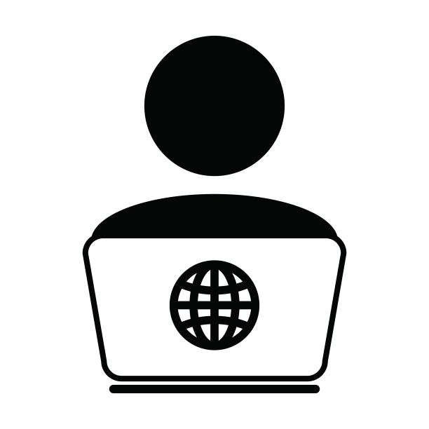 带有笔记本电脑的矢量人物图标，男性用户个人资料和地球符号，表示在家在线办公的扁平彩色象形图图片下载