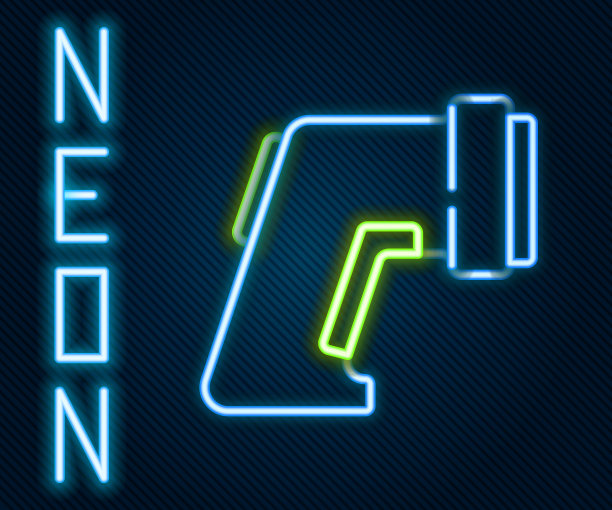 发光的霓虹灯线数字非接触式温度计与红外光图标隔离在黑色背景。色彩斑斓的轮廓的概念。向量图片下载