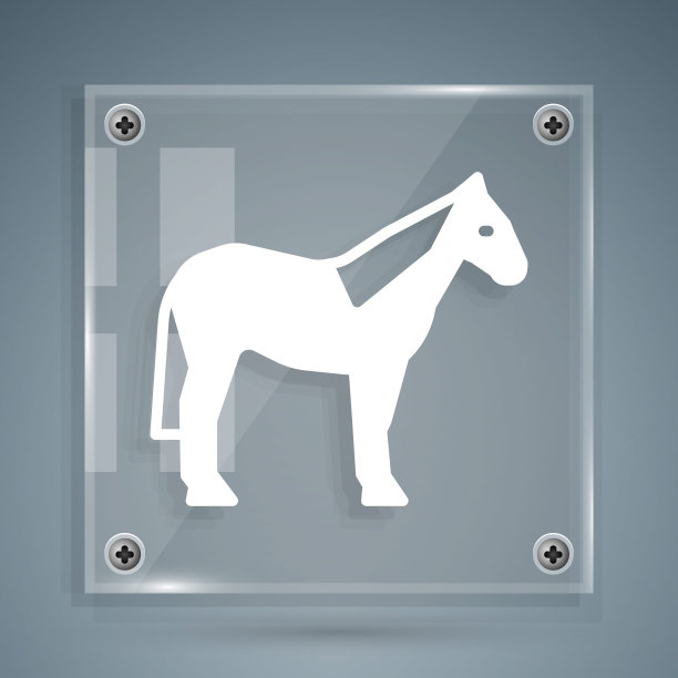 白马图标孤立在灰色背景。动物的象征。方形玻璃面板。向量图片下载