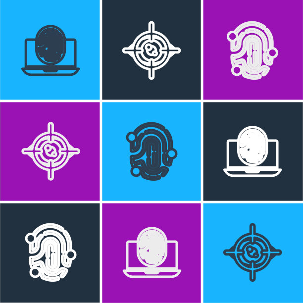 设置线笔记本电脑与指纹，指纹和眼睛扫描图标。向量图片下载