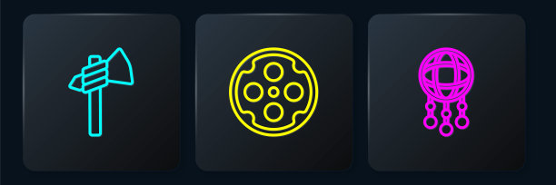 准备好战斧斧，羽毛捕梦网和左轮手枪圆筒。黑色方形按钮。向量图片下载