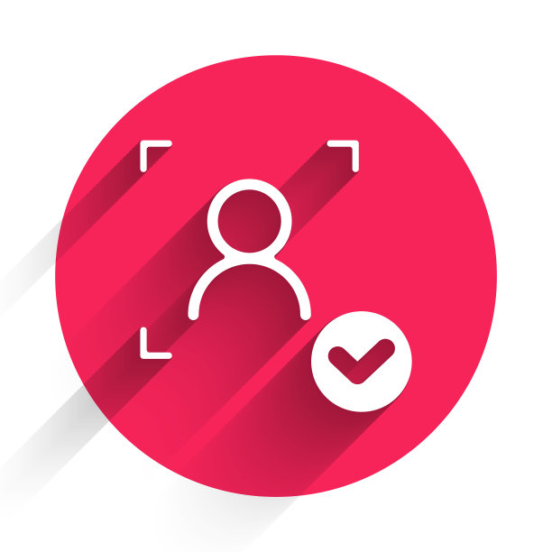 白脸识别与检查标记图标孤立与长阴影。人脸识别扫描仪图标。面部id。网络安全的概念。红色圆圈按钮。向量图片下载