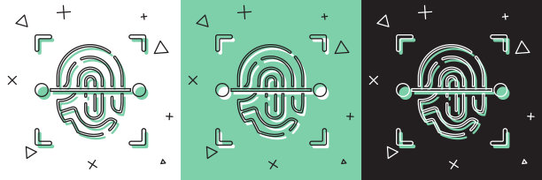设置指纹图标隔离在白色和绿色，黑色背景。ID的应用图标。识别标志。触摸id。向量图片下载