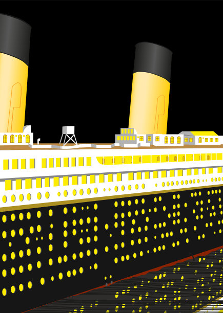 泰坦尼克号的夜景。夜间横渡大西洋的航行。大巡航跨大西洋。老式的大型客船。详细的年份著名沉没的大西洋泰坦尼克号。矢量插图。图片下载