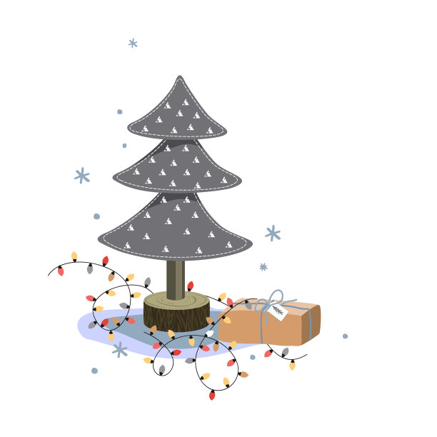 微型毛毡冷杉树，圣诞礼盒，和明亮的灯光在白色的背景。节日贺卡，卡通矢量插图图片下载