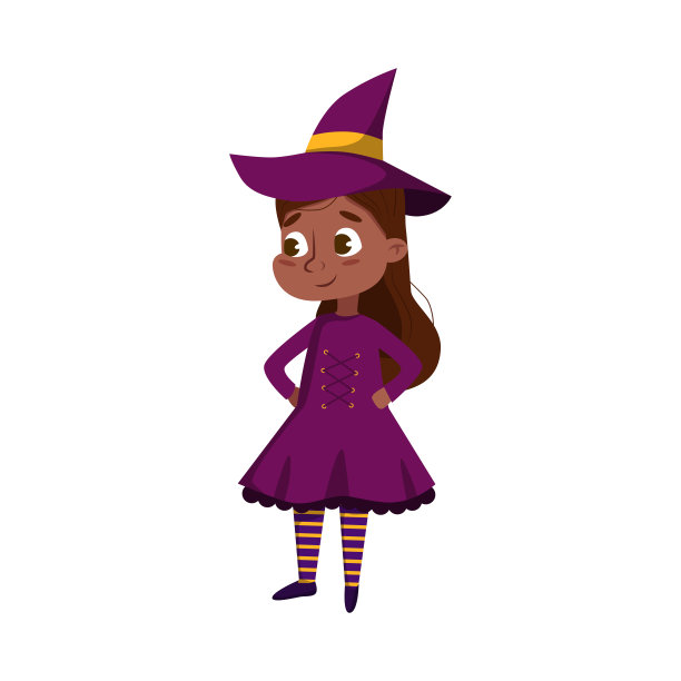 小女巫，可爱的非洲裔美国女孩穿着紫色的衣服和帽子练习巫术，快乐的万圣节概念卡通风格矢量插图图片下载