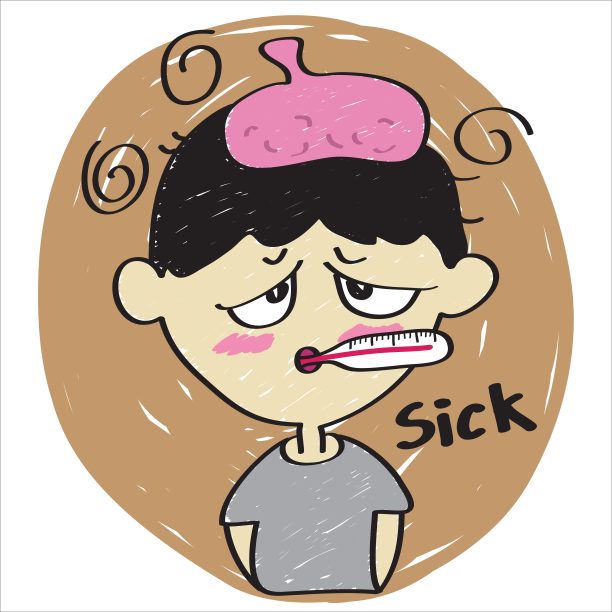 卡通病媒男孩生病了，正在发烧。徒手画的风格。卡通涂鸦。图片下载
