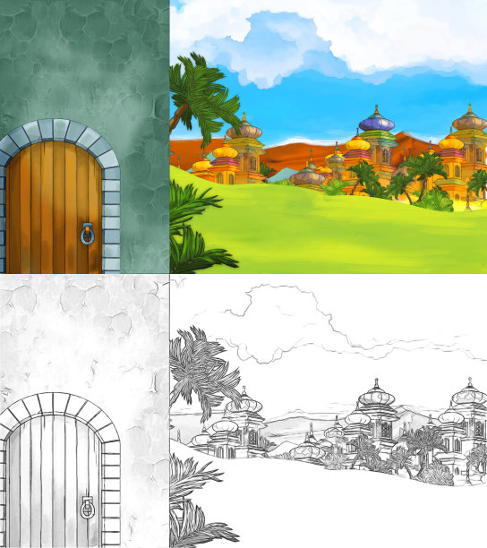 卡通素描场景与美丽的中世纪城堡和木门入口-远东王国-插图图片下载