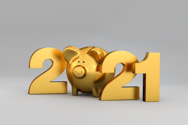 2021年新年快乐概念:金色字母2*21，中间放一个储蓄罐。无缝的灰色背景。图片下载