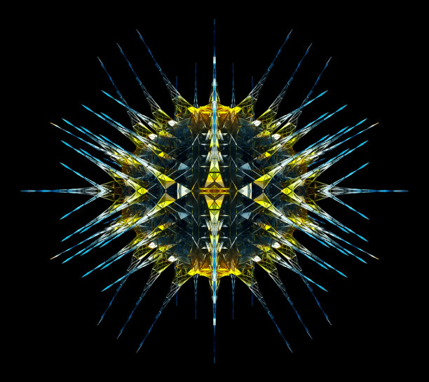 抽象艺术的三维渲染与超现实的异形分形对称翡翠网络晶体或钻石的尖刺基于三角形金字塔图案在表面上黄色和蓝色梯度颜色孤立的黑色背景图片下载