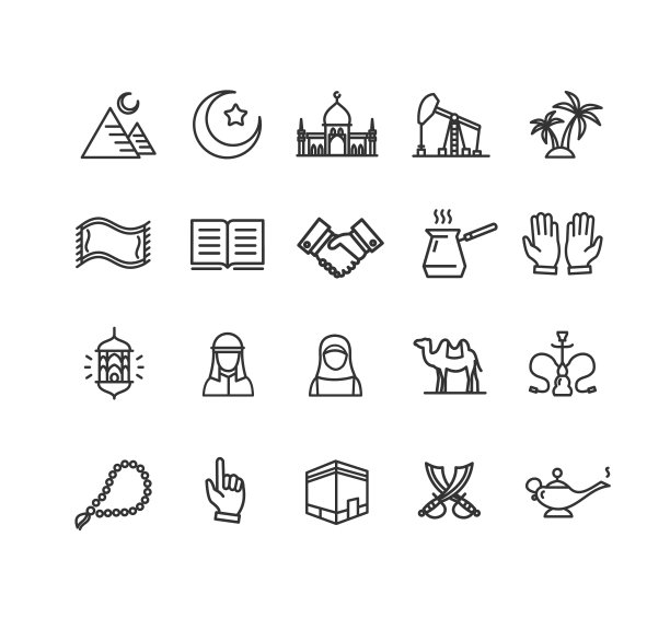 阿拉伯伊斯兰标志黑色细线图标设置图片下载