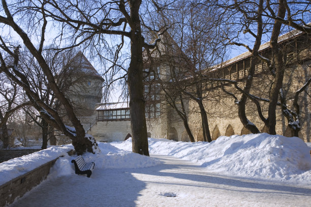爱沙尼亚塔林加固的城墙，在厚厚的积雪下图片下载
