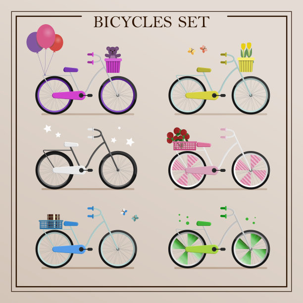 一套自行车在复古风格和不同图片下载