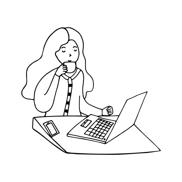 女孩用笔记本电脑工作，喝咖啡图片下载