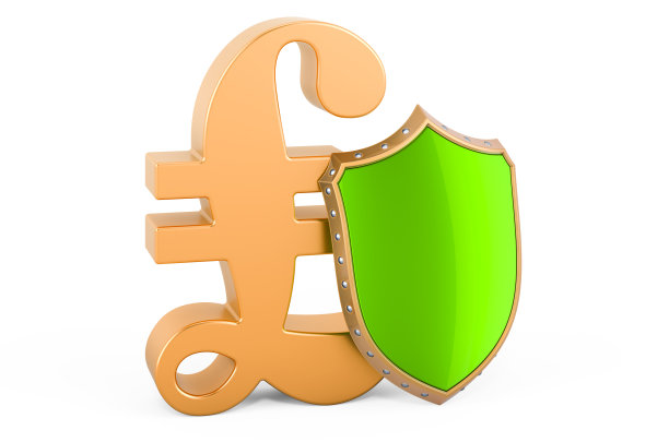英镑符号具有盾牌、金融保险和企业稳定的概念。3D渲染孤立的白色背景图片下载