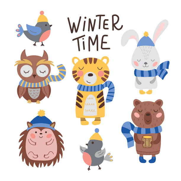 图像与一套可爱的卡通动物在围巾和帽子上的白色背景，在矢量图形。用于设计明信片，海报，印刷儿童服装，笔记本封面，纺织品图片下载
