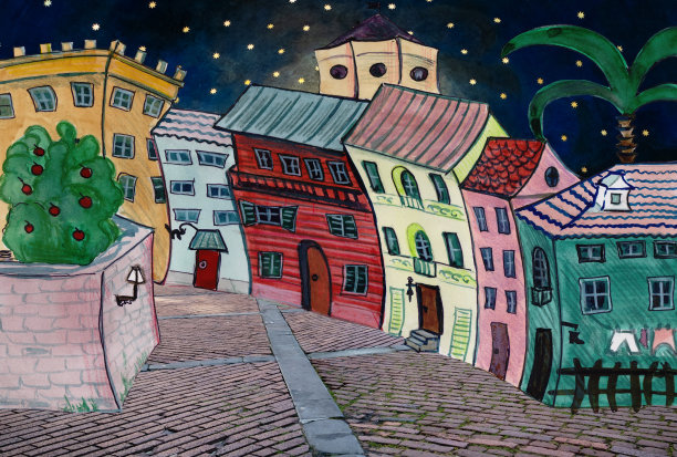 夜景-拼贴与手绘房屋图片下载