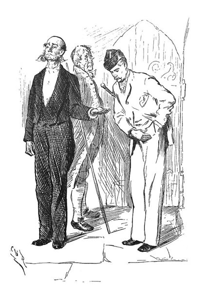 一幅古老的插图——旅馆的搬运工伸出手站在那里，等着有人从他的口袋里掏小费图片下载