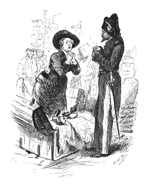 一幅古老的插图——一名女游客在一个打开的大箱子前恳求一名外国官员图片下载