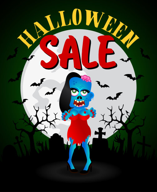 万圣节促销海报，搞笑僵尸女孩的横幅图片下载