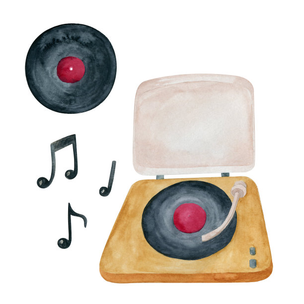 黑胶唱片机水彩插图。图片下载