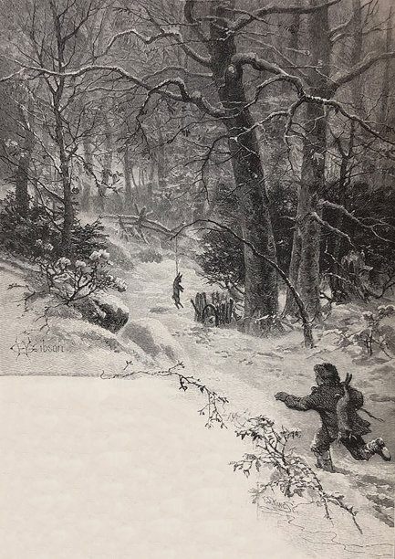 一幅古老的插图——一个男孩在雪地里跑向一只被陷阱缠住的兔子图片下载