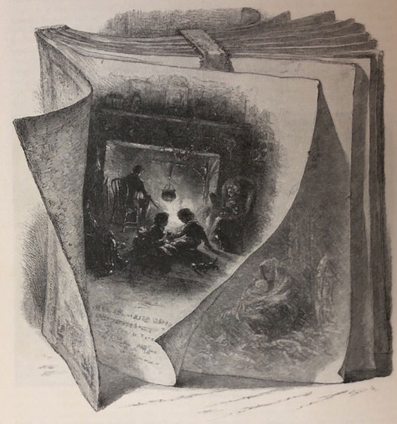 古董插图-部分打开的书页显示冬天的场景-家庭壁炉-妇女在雪中抱着婴儿图片下载