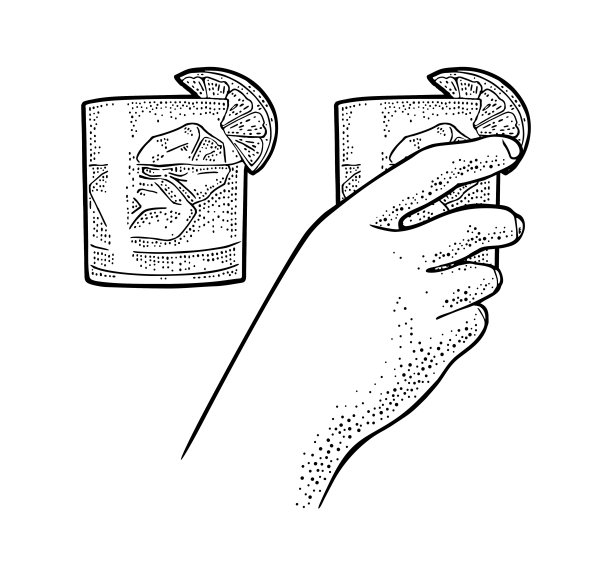 女性手握杜松子酒酒杯。古董向量雕刻图片下载