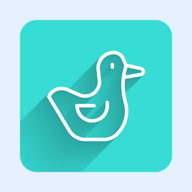 白色线橡皮鸭图标孤立与长影子。绿色广场按钮。向量图片下载