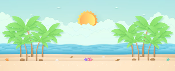 夏季时分，海景、山水、海星和椰子树在海边，阳光灿烂的天空，纸艺术风格图片下载