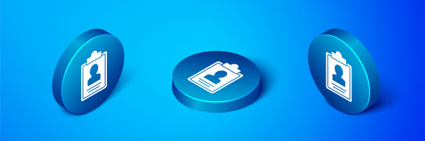 带有蓝色背景隔离的简历图标的等距剪贴板。简历的应用程序。个人简历、职位申请表及个人照片。蓝色圆按钮。向量图片下载