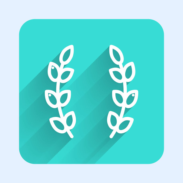 白线月桂花环图标孤立与长影子。胜利的象征。绿色方形按钮。向量图片下载