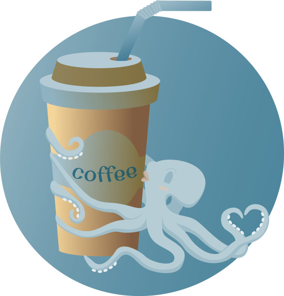 可爱的章鱼拥抱和亲吻一杯咖啡图片下载