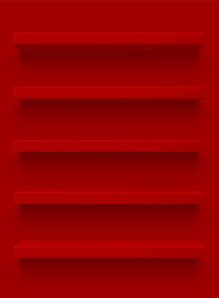 红色的架子在墙上。木制水平现实空架子。矢量图图片下载