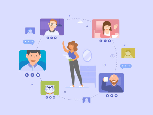 女性可以与团队进行视频会议，在家办公，在线会议。图片下载