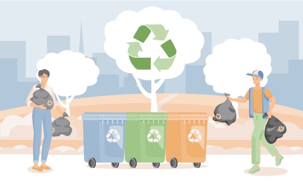 人们把垃圾放在容器矢量平面插图。男人们进行垃圾收集、分类和回收。图片下载